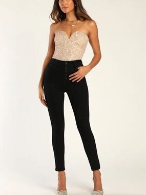 NWOT Lulus Gold Sequin Strapless Notched Bodysuit Medium